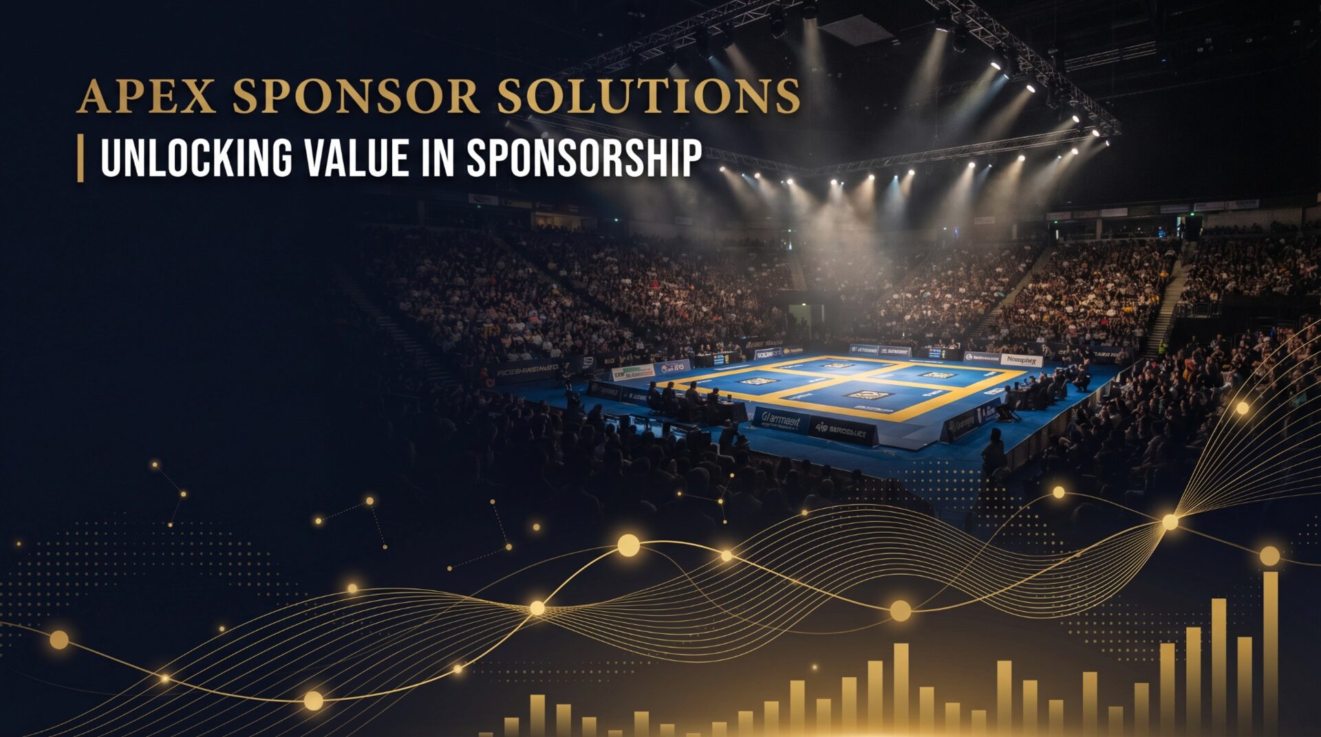 Professional sports arena with sponsor activations and data visualization overlay